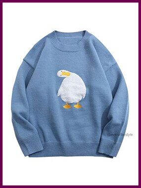 Oversized Duck Graphic Knit Sweater Crewneck Pullover Loose Fit Casual